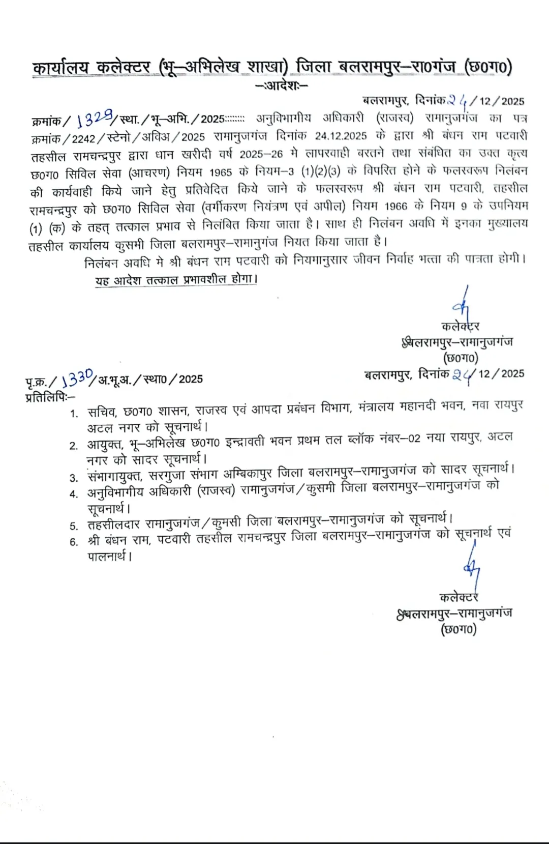 बलरामपुर : धान खरीद व निर्वाचन कार्य में लापरवाही करने वाले दो पटवारी निलंबित