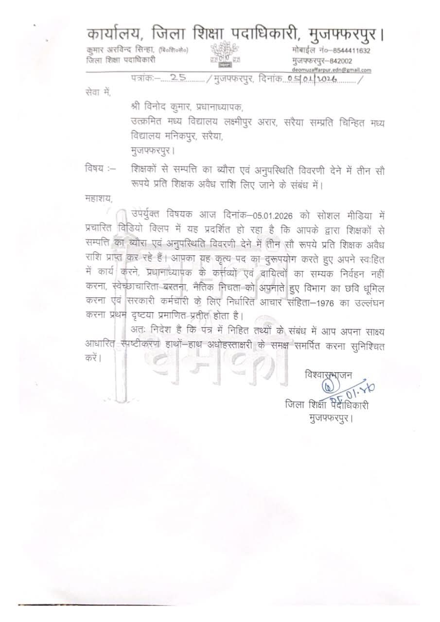 शिक्षकों से अवैध उगाही के आरोप में प्रधानाध्यापक को नोटिस, वीडियो वायरल होने के बाद शिक्षा विभाग सख्त